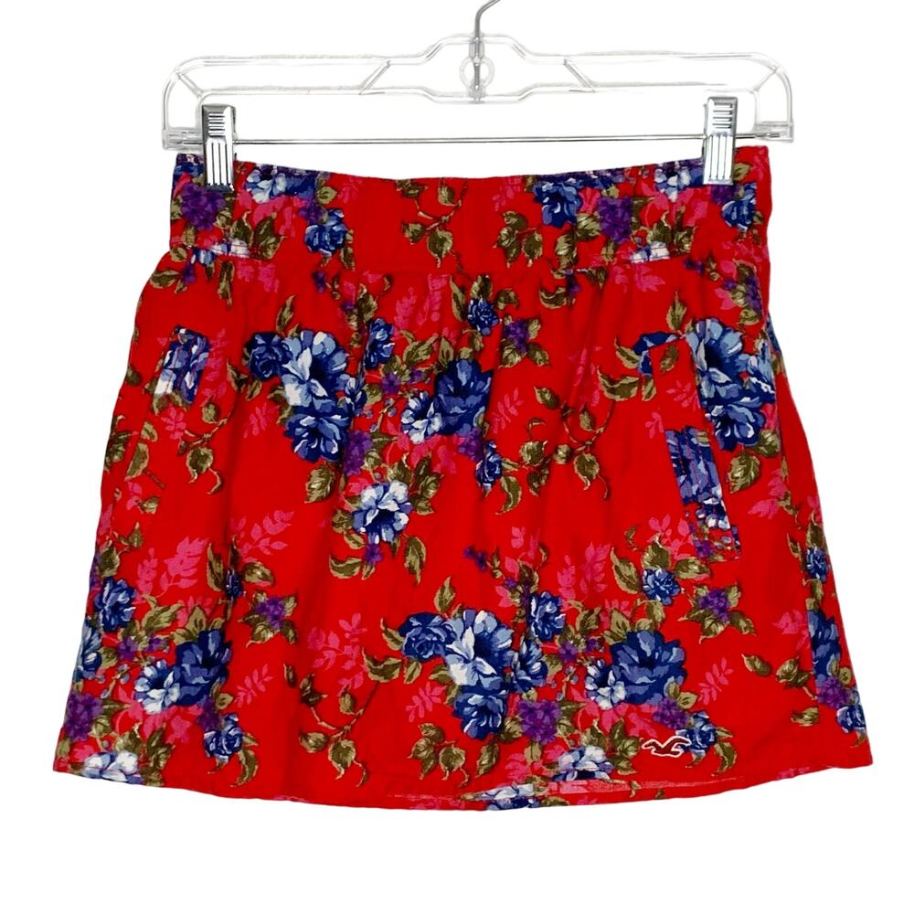 HOLLISTER Floral A-Line Mini Skirt Elastic Waist Lined Cotton Red Blue Sz Small